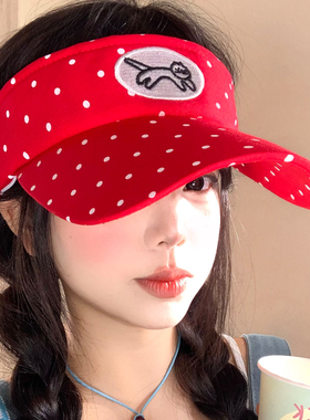韩系红色波点猫咪空顶防晒帽女夏