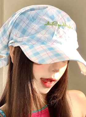 蓝色格纹字母刺绣头巾帽子女春夏