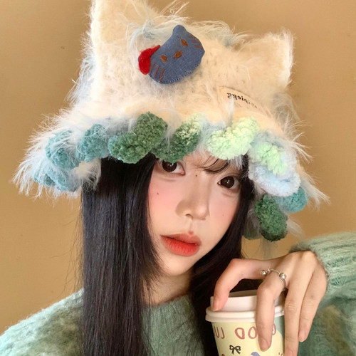 可爱Kitty猫耳朵毛绒针织帽女秋冬季显脸小毛线帽大头围保暖帽子 - 图2