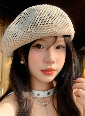 镂空针织贝雷帽女夏季薄款大头围