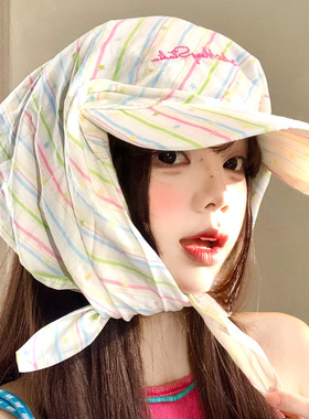 彩色条纹绑带头巾帽子女夏季户外