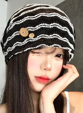 黑色条纹纽扣堆堆帽女夏季镂空