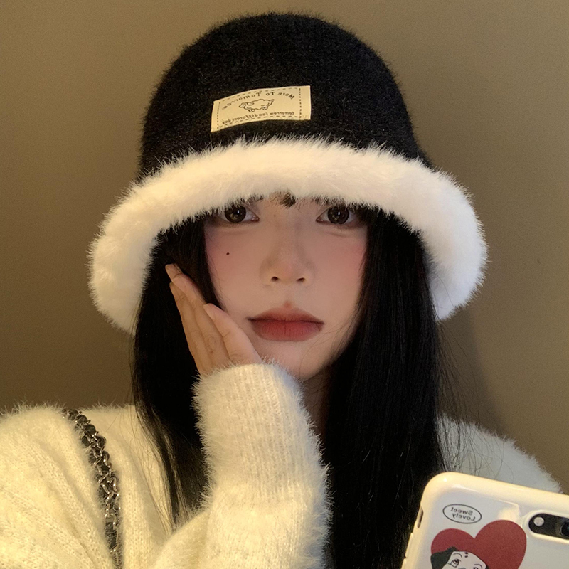 黑色毛绒渔夫帽女秋冬季2024新款显脸小水桶帽韩版百搭保暖帽子潮