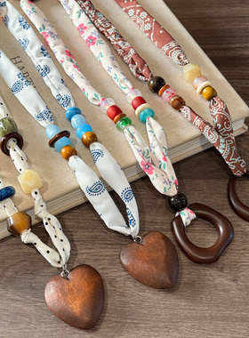 爱心木牌串珠丝巾项链女春夏季