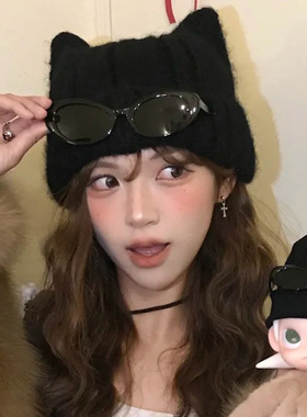 可爱猫耳朵针织帽女秋冬显脸小
