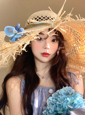 大帽檐镂空花朵拉菲草帽女夏季