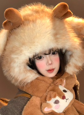 可爱小鹿角帽子围巾一体冬季甜美