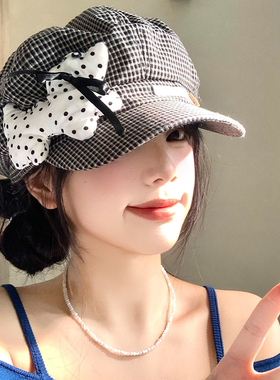 可爱波点小狗格纹贝雷帽显脸小