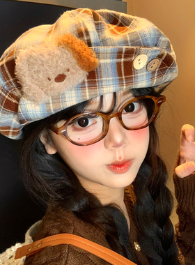 可爱小狗格纹贝雷帽女甜美显脸小