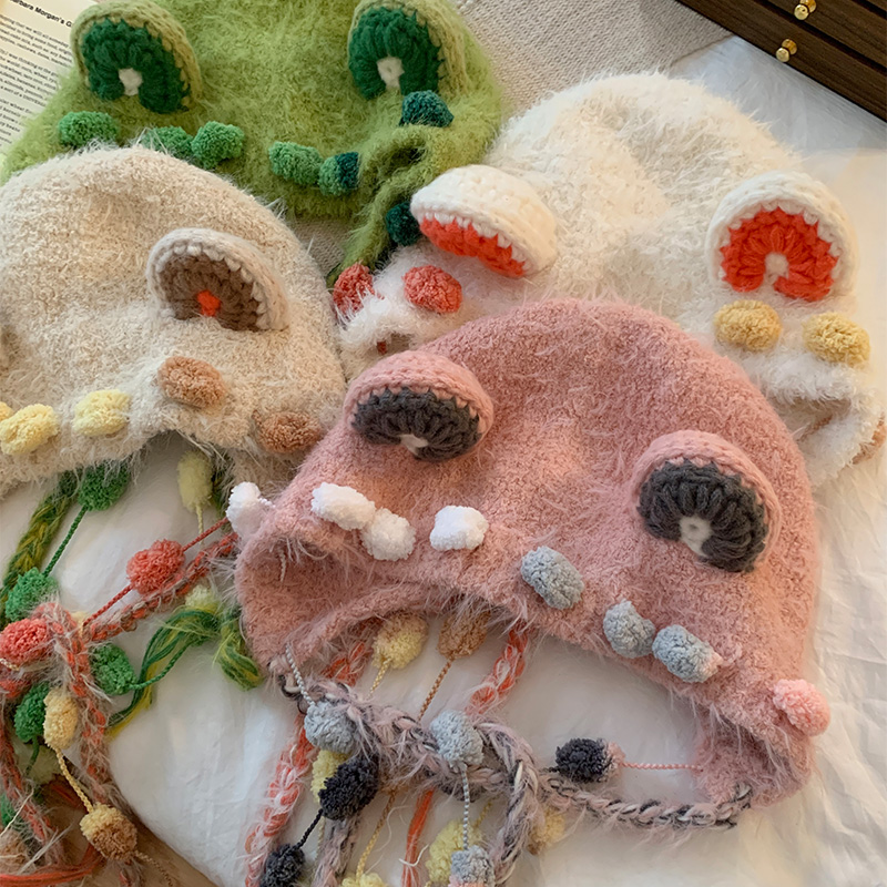 流苏小熊耳朵毛绒针织护耳帽女冬季可爱显脸小毛线帽保暖雷锋帽子 - 图3