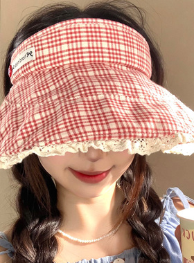 红色格纹蕾丝花边空顶防晒帽女夏