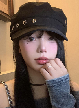 星星黑色贝雷帽女秋季大头围显脸小平顶海军帽英伦风复古报童帽子