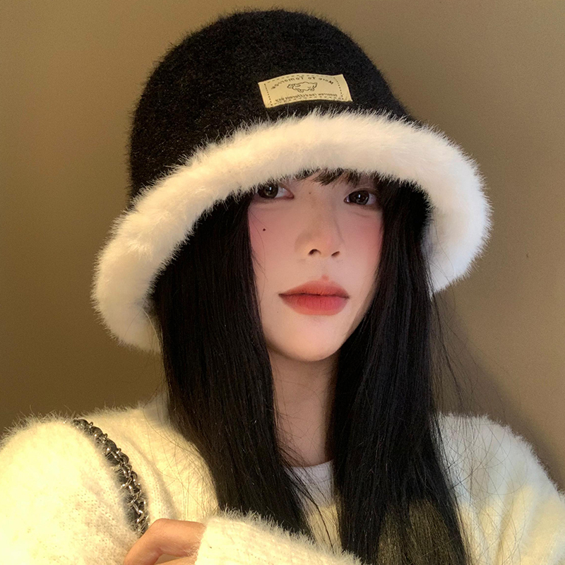 黑色毛绒渔夫帽女秋冬季2024新款显脸小水桶帽韩版百搭保暖帽子潮