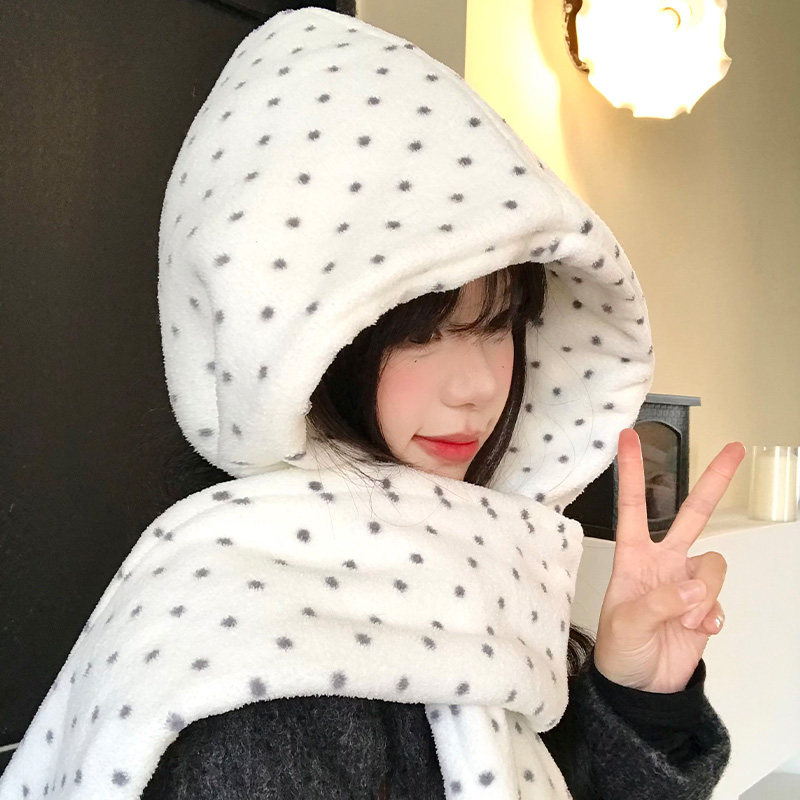 白色波点帽子围巾一体女冬季毛绒加厚保暖防寒护耳连帽围脖雷锋帽,淘宝优惠券,粉丝福利购,淘宝优惠卷