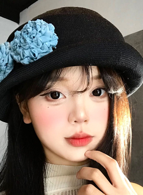 法式蓝色花朵卷边礼帽女夏清冷感