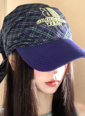 藏青格子字母刺绣绑带头巾帽子女