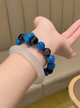 暗黑朋克风蓝黑色多宝手串银曜石男女情侣款甜酷首饰天然水晶手链