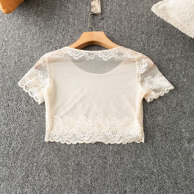 ເສື້ອຢືດ lace lace pullover ຄໍສັ້ນແຂນສັ້ນງ່າຍດາຍ