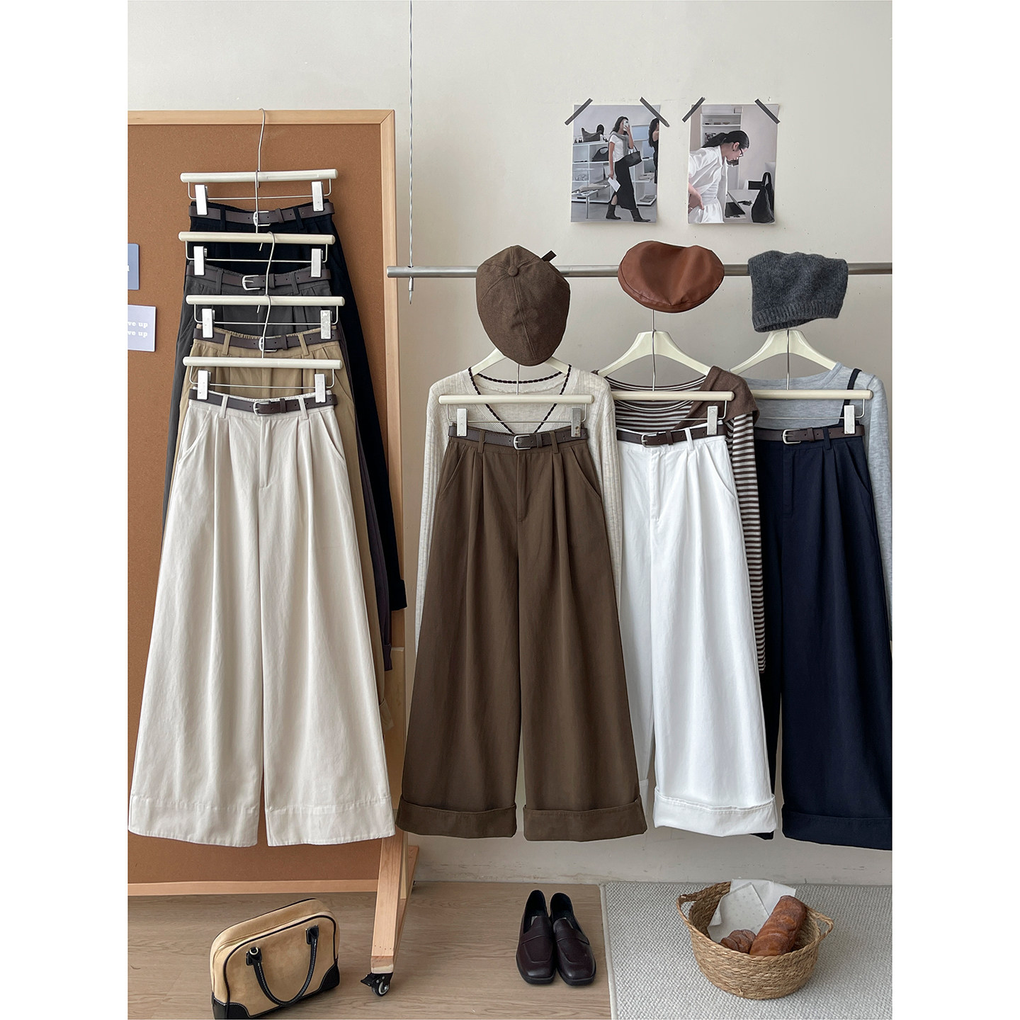 日韩系复古拼接卷边两穿洗水棉阔腿裤女秋显瘦咖色休闲大脚直筒裤,淘宝优惠券,粉丝福利购,淘宝优惠卷