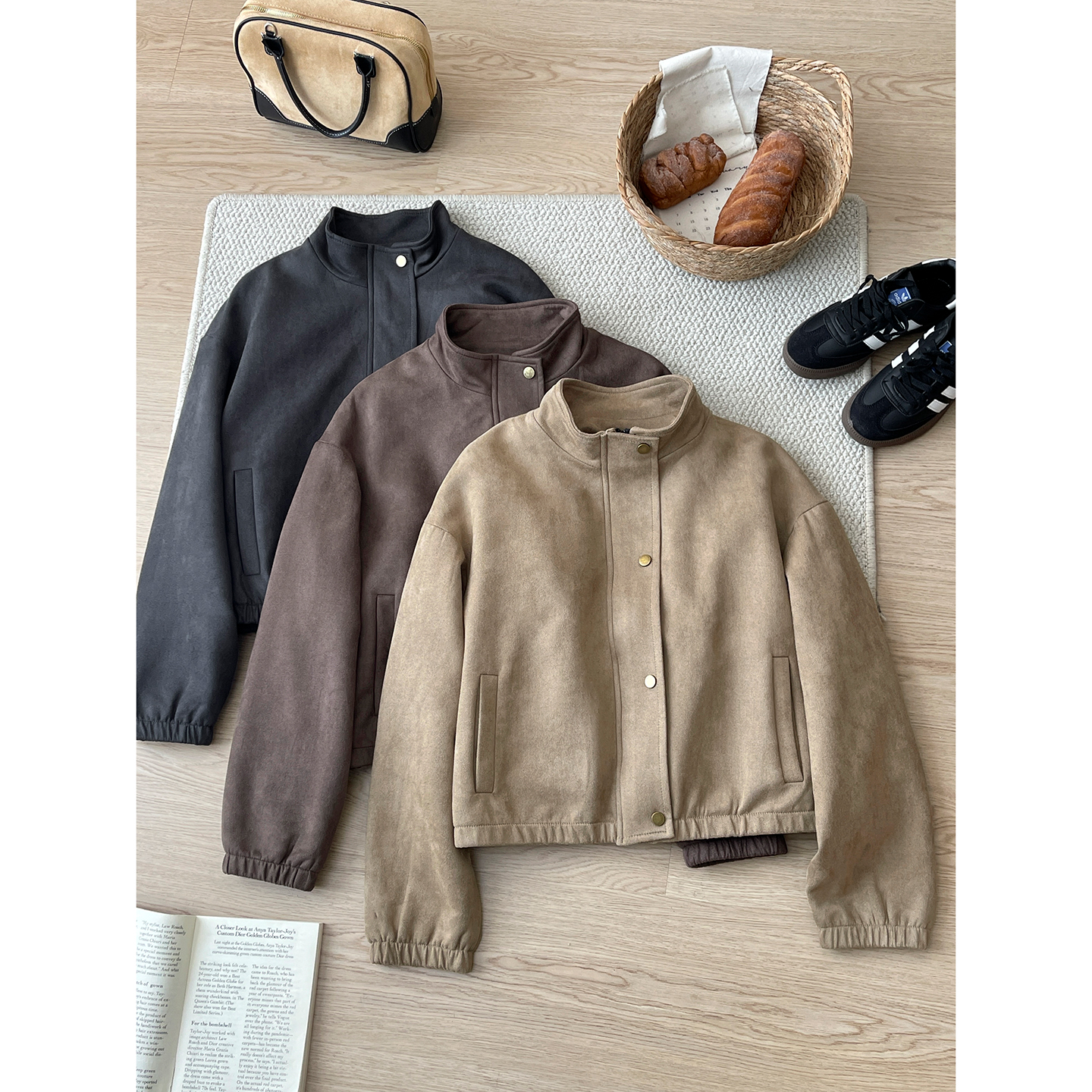 日韩系复古简约鹿皮绒磨毛外套女秋休闲洋气百搭立领飞行夹克上衣 - 图2