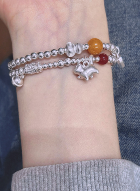 精致纯银999手链红玛瑙叠戴手饰