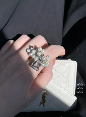 女镀银甜酷珍珠皇冠十字架戒指