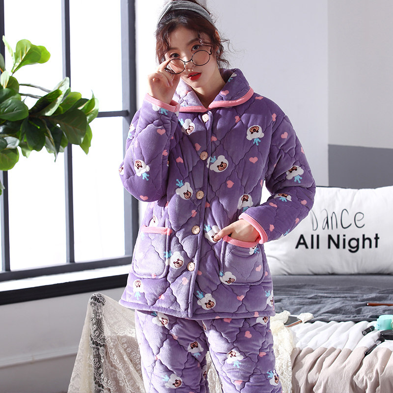 秋冬季珊瑚绒加绒可爱三层睡衣 lianglaiya靓莱雅睡衣/家居服套装