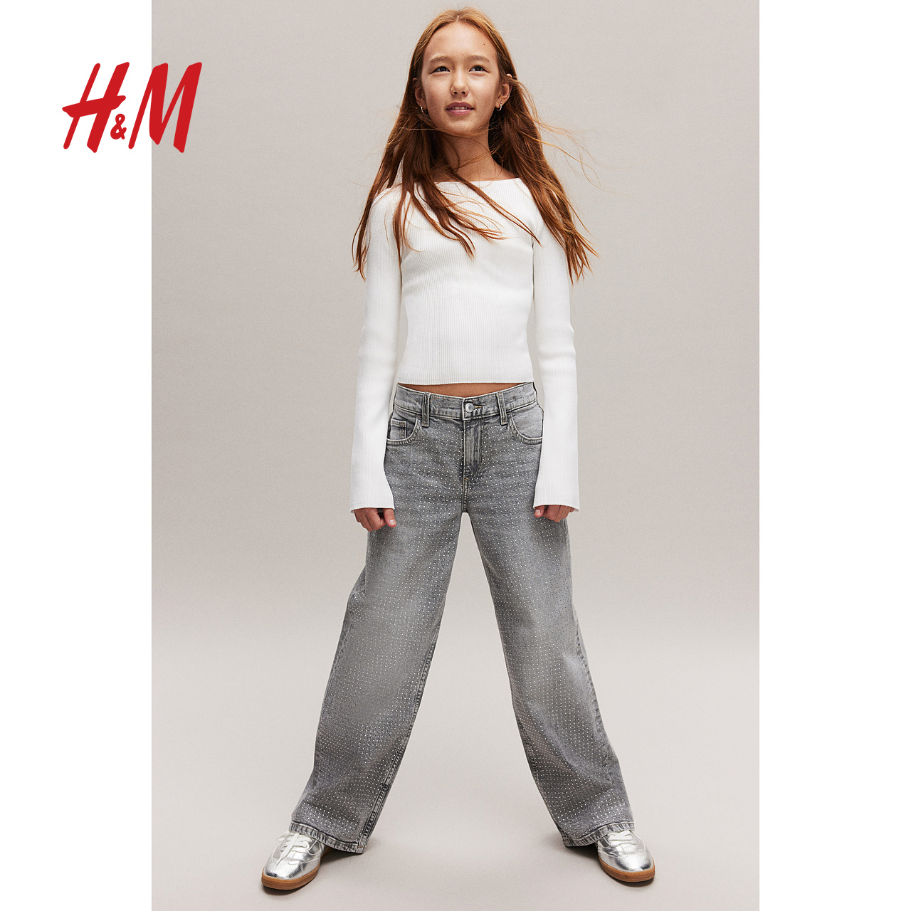 HM童装儿童女童牛仔裤秋季宽松阔腿工装牛仔裤1242303 - 图0