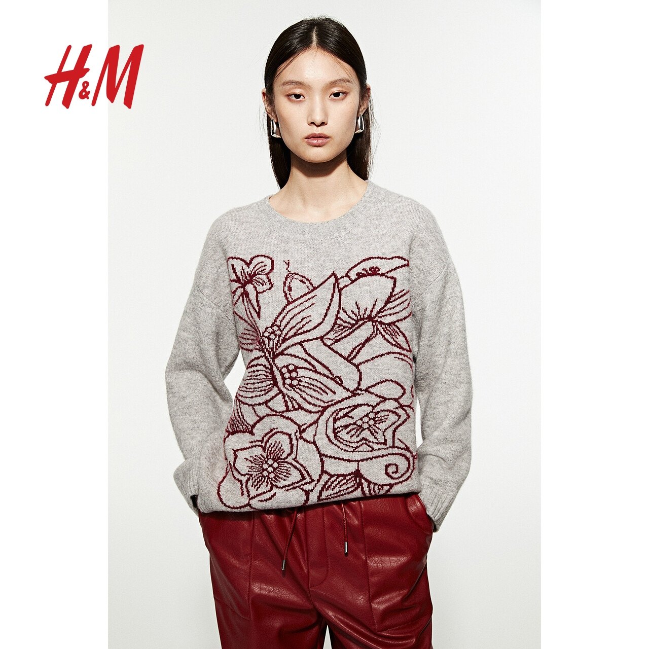 HM女装红色毛针织衫长袖宽松圆领上衣1269572,淘宝优惠券,粉丝福利购,淘宝优惠卷