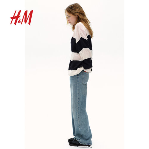 HM女装毛针织衫冬季条纹时尚休闲宽松中长款套衫1226252 - 图1