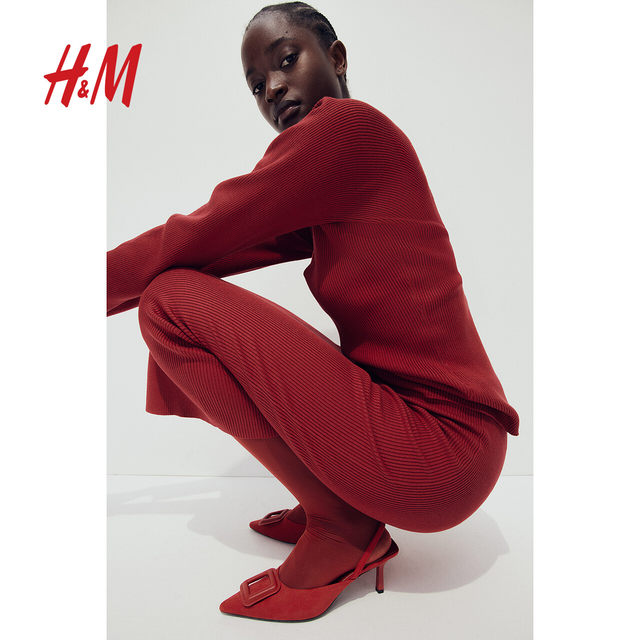 HM Women's Red Skirt Autumn New Year Pencil Skirt Ribbed Knit Dress Slim Skirt 1261055