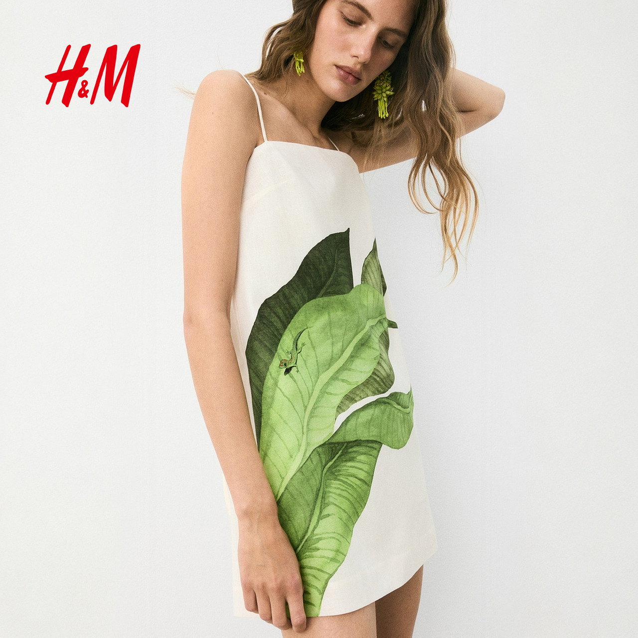 HM2025夏季新款女装时尚休闲百搭亚麻混纺吊带连衣裙1296803