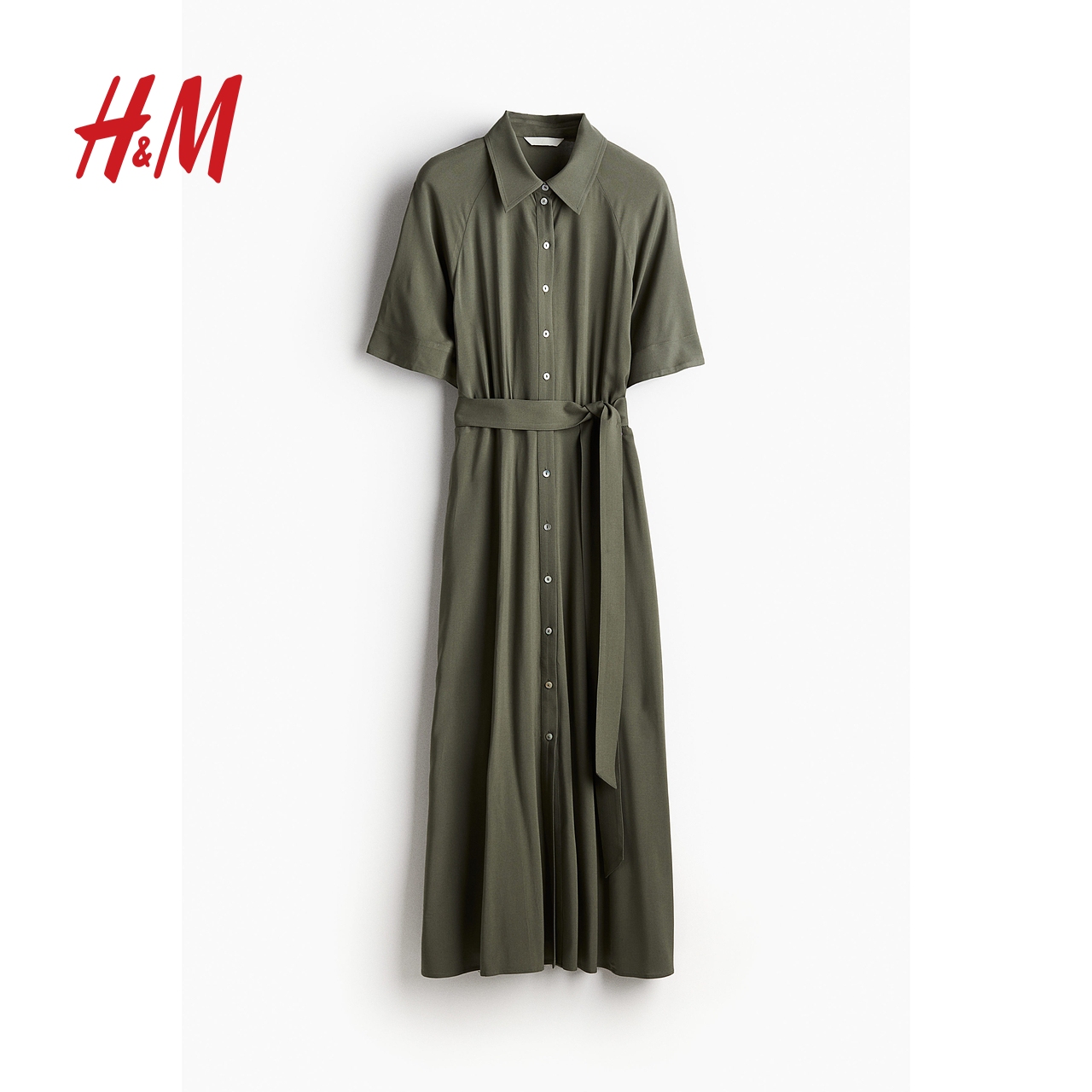 HM女装连衣裙2024夏季新款垂感短袖腰部系带衬衫式中长裙1217576-图3