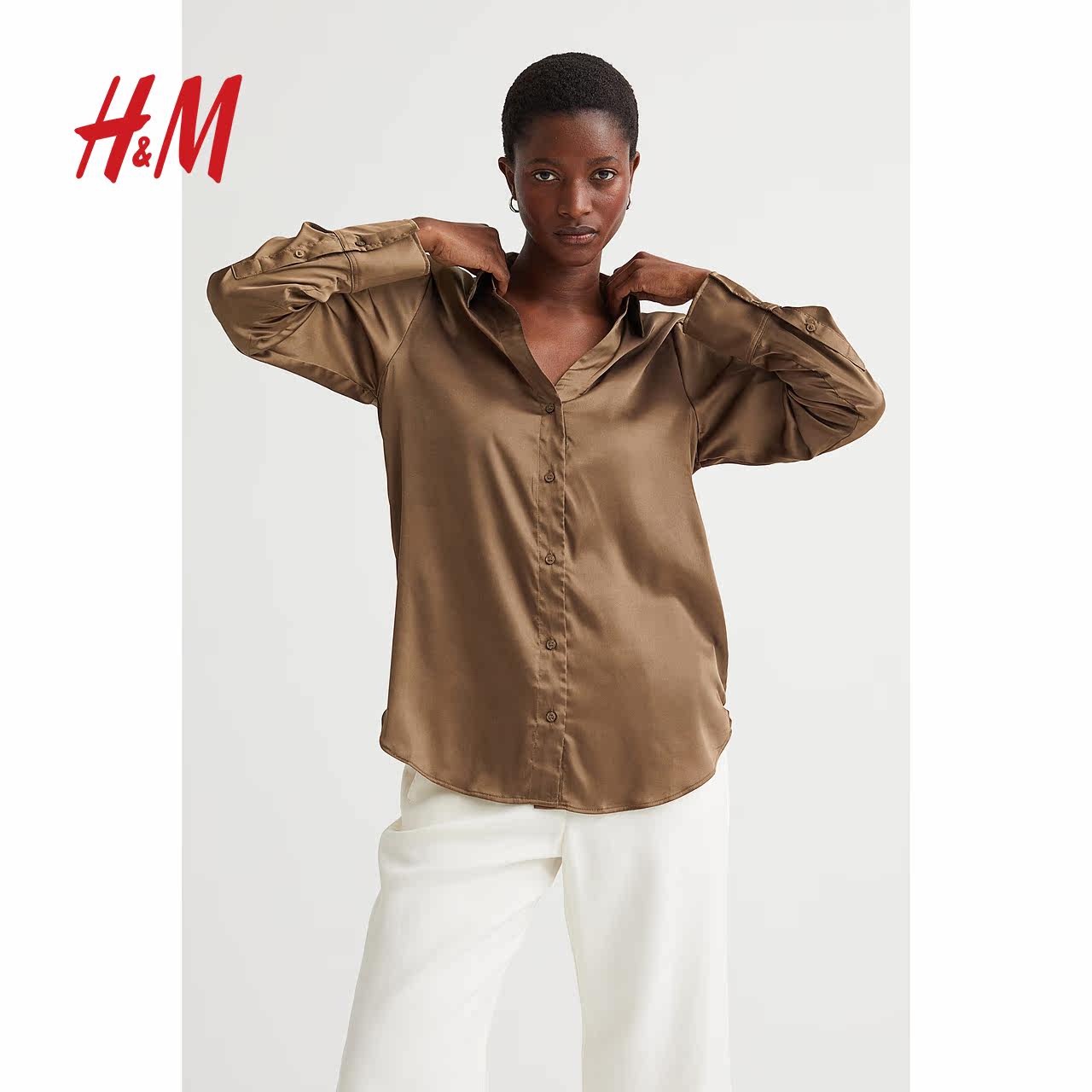 hm女装衬衫春装女气质百搭休闲通勤v领光泽感长袖上衣 0939703