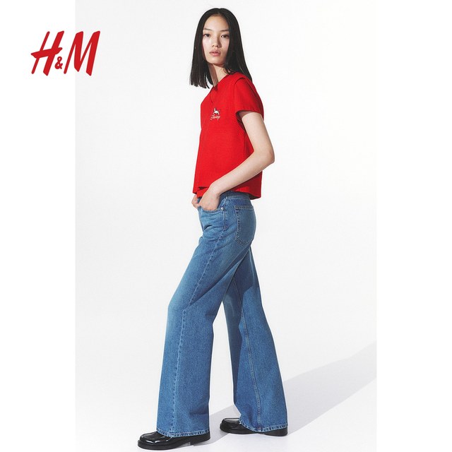 HM Women's Red Wool Sweater 2025 Autumn New New Year's Jersey Appliqué Sweater Vest 1271058