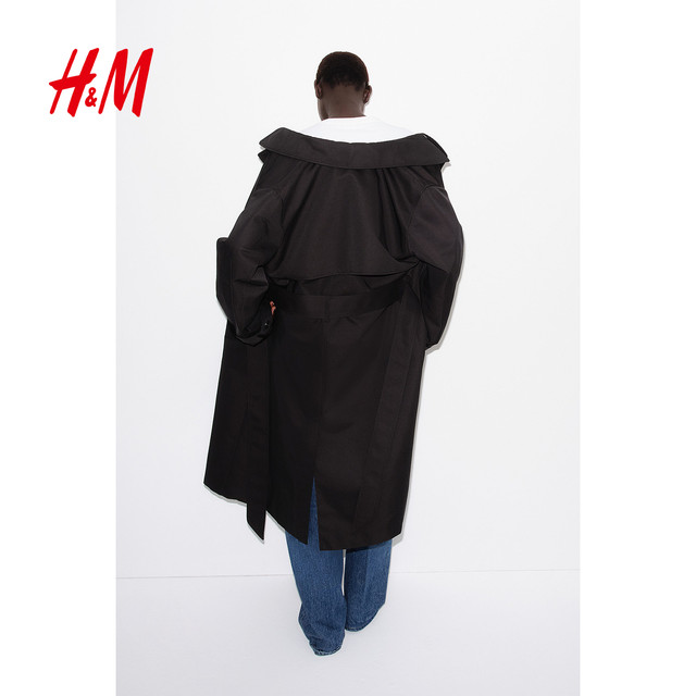 HM women's windbreaker autumn commuting British style twill double-breasted large lapel silhouette windbreaker 1202758