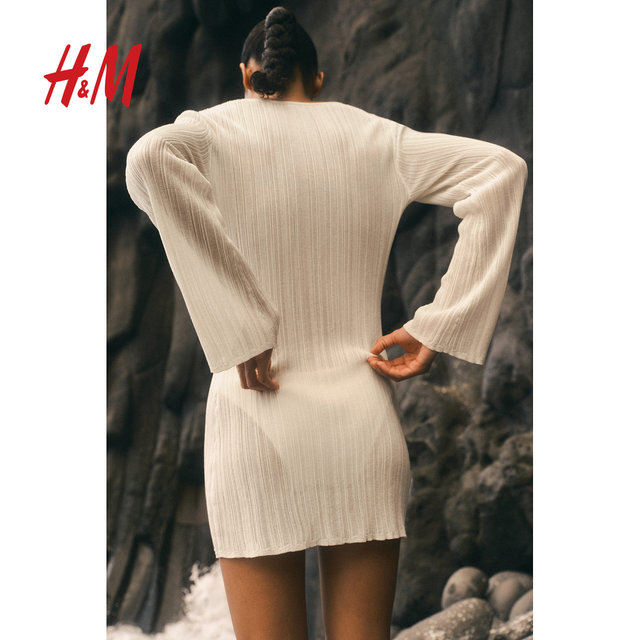 HM Women's Dress 2025 Autumn New V-neck Ribbed Knit Beach Resort Style Long Sleeve Dress 1272279