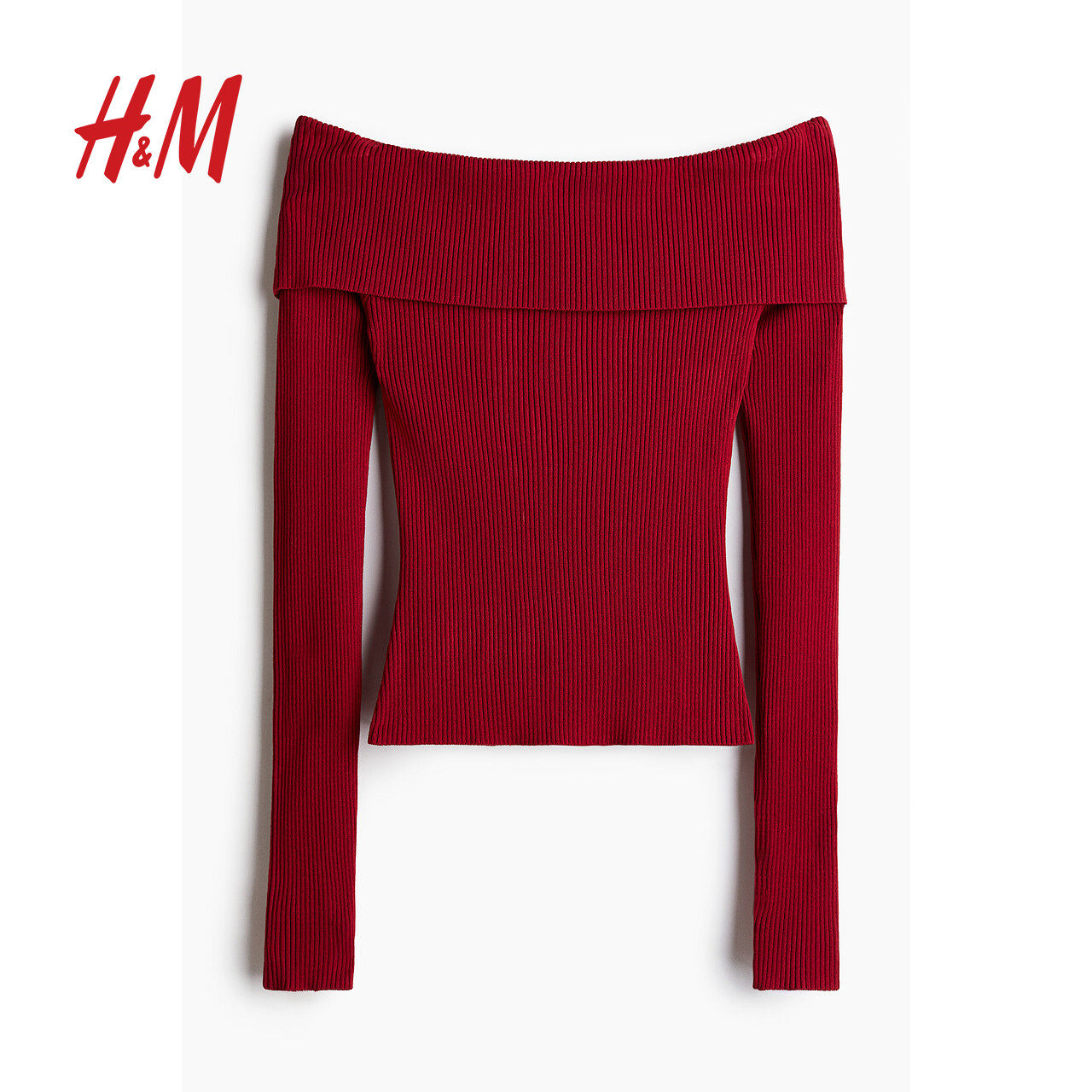 HM女装红色毛针织衫冬季内搭毛衣新年战袍修身露肩上衣1237775,淘宝优惠券,粉丝福利购,淘宝优惠卷