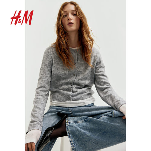 HM女装毛针织衫冬季圆领长袖时尚简约细密针织miu系开衫1245736 - 图0