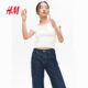HM Women's T-shirt 2025 Autumn New Slim Fashion Ribbed Casual One-word Collar Ribbed Short Top 1278148