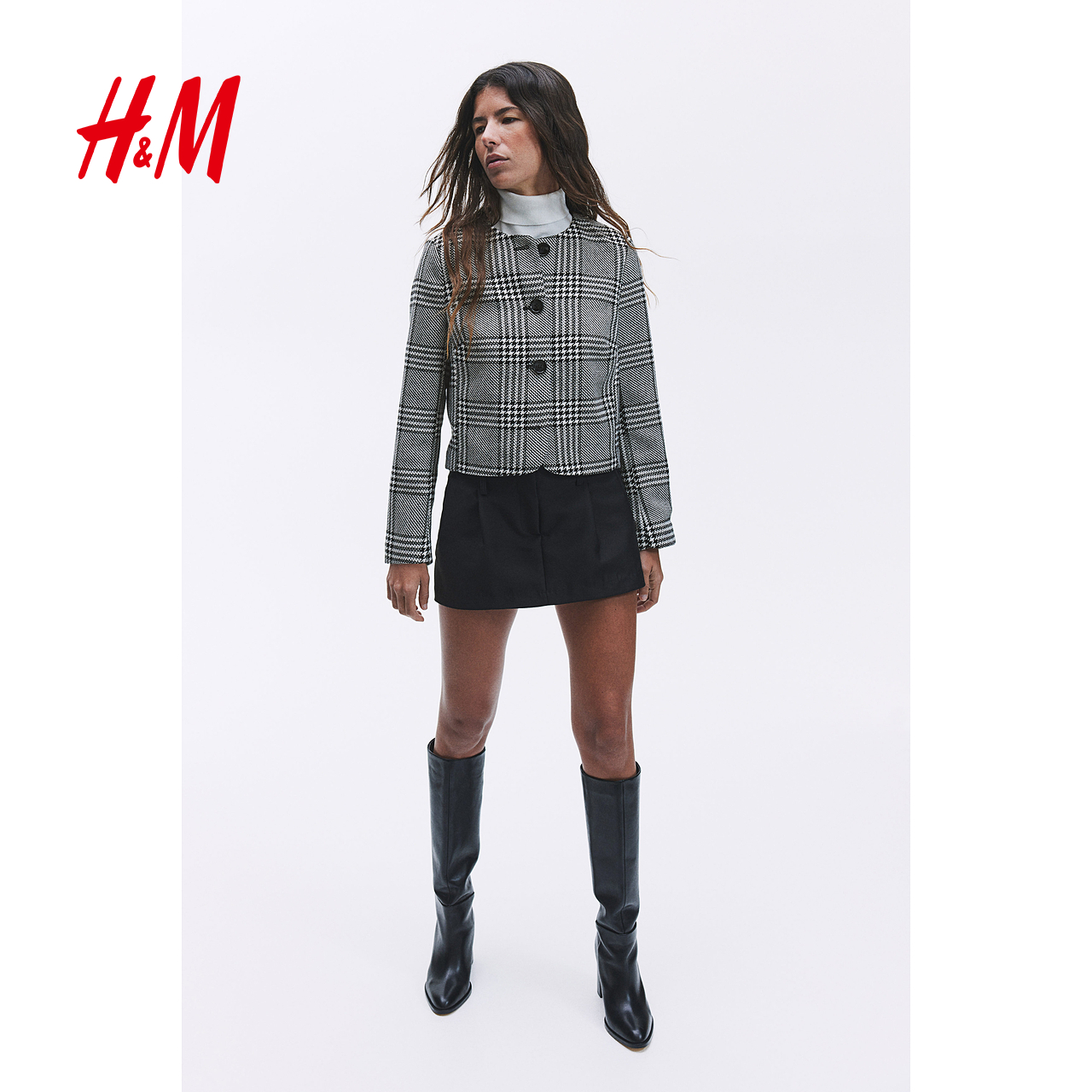 HM女装短外套2025秋季新款长袖圆领单排扣设计感廓形外套1277879 - 图0