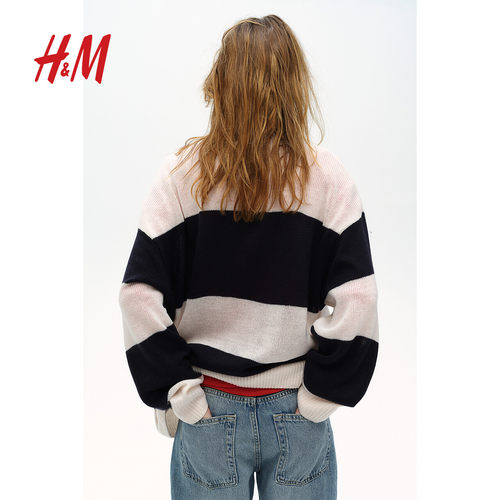 HM女装毛针织衫冬季条纹时尚休闲宽松中长款套衫1226252 - 图2