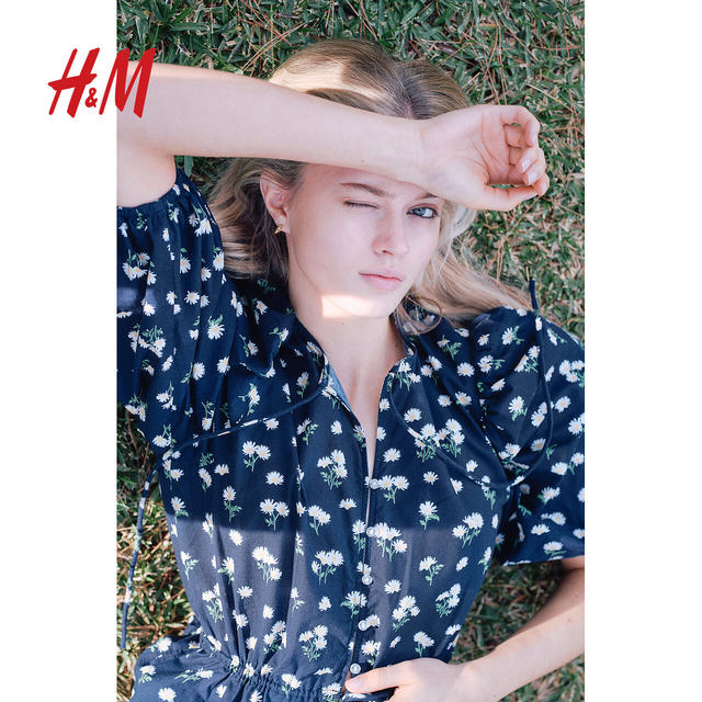 HM Women's Shirt 2025 Winter New Light Winter Style Puff Sleeve Cotton Floral Top 1264057