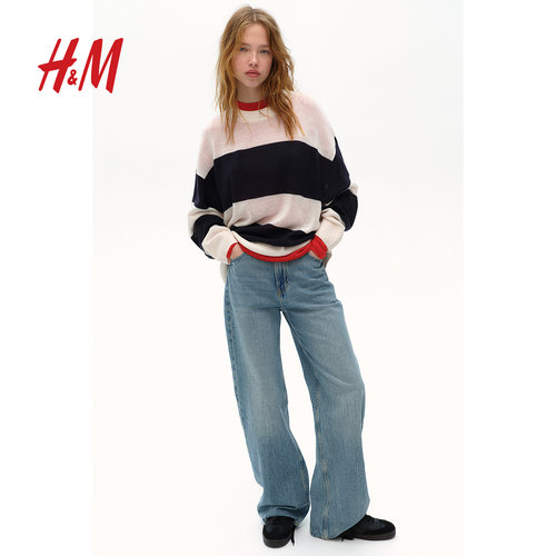 HM女装毛针织衫冬季条纹时尚休闲宽松中长款套衫1226252 - 图0