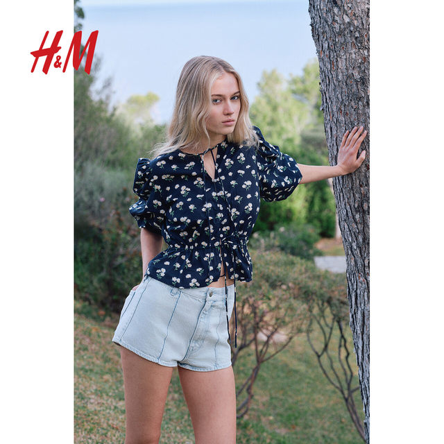 HM Women's Shirt 2025 Winter New Light Winter Style Puff Sleeve Cotton Floral Top 1264057