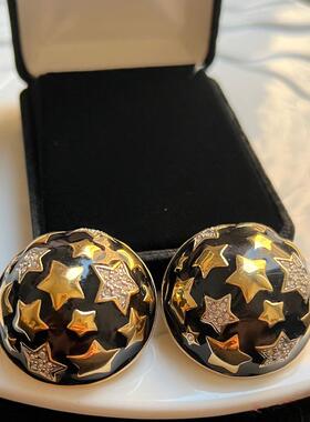 Vintage法产Guy Laroche品牌黑金珐琅星空圆顶中古高级感华丽耳夹