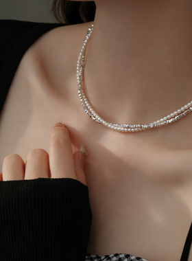 双层碎银子珍珠项链2026新款小米珠叠戴锁骨颈链珍珠项链轻奢小众
