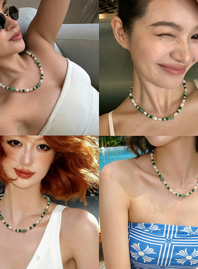 绿色多巴胺天然淡水珍珠项链颈链彩色串珠款女2026新款海边锁骨链