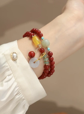 暖言同款红玛瑙玉髓手串女式双圈平安扣吊坠设计送女友精致手饰链