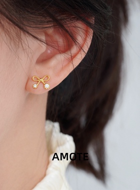 AMOTE《芭蕾少女》甜美可爱少女蝴蝶结耳钉925银耳环小巧百搭耳饰